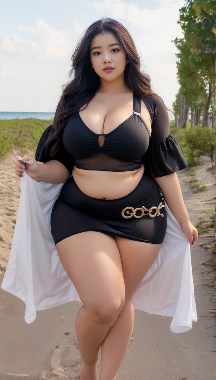 ((best quality)), ((masterpiece)), (detailed), perfect face, araffeTight skirtsShort , thicc, wavy short hair, she has a jiggly fat round belly, bbwchan, wearing tight simple clothes, skinny waist and thick hips, widest hips, her belly is fat and round, soft curvy shape, hyperrealistic full figure, wearing a cute top, wide hips, Blue swimsuit,On the beach by the seaBlue
