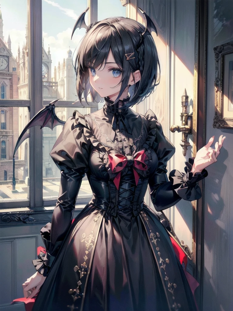 (Top quality, 16K, Masterpiece, Super high resolution, Victorian, Photorealistic: 1.2), 1 girl, devil costume, cassock clothing, Cowboy shot, One-length bob cut braided hair clip at front, Cute, Neat, Tundere, Heroine attributes, Artistic shading, Currents rejected.