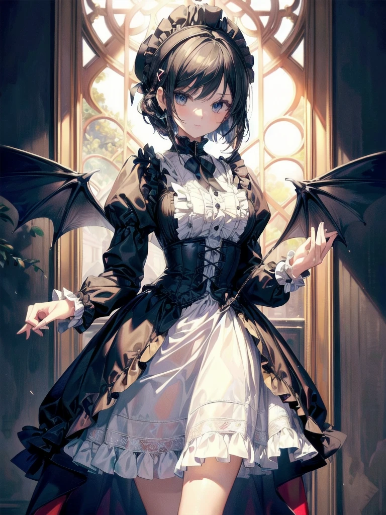 (Top quality, 16K, Masterpiece, Super high resolution, Victorian, Photorealistic: 1.2), 1 girl, devil costume, cassock clothing, Cowboy shot, One-length bob cut braided hair clip at front, Cute, Neat, Tundere, e attributes, Artistic shading, Currents rejected.