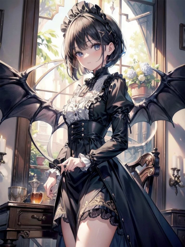 (Top quality, 16K, Masterpiece, Super high resolution, Victorian, Photorealistic: 1.2), 1 girl, devil costume, cassock clothing, Cowboy shot, One-length bob cut braided hair clip at front, Cute, Neat, Tundere, Heroine attributes, Artistic shading, Currents rejected.