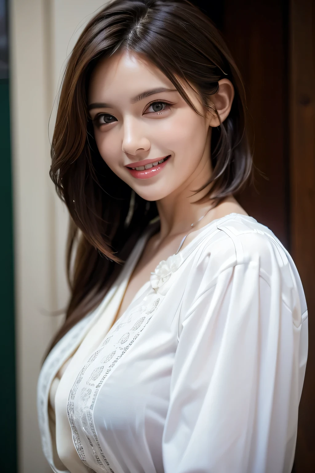 ((masterpiece)), ((Highest quality)), ((Complex)), ((Surreal)), (Realistic), (Mature Woman), ((No classes)), Very detailed, (1 female), Beautiful and exquisite, (Beautiful Teeth), Grin, Brunette Bob Hair, Brown eyes, ((blouse)), (Upper Body), (background:none), Perfect Eyes, Captivating eyes, Looking at the audience