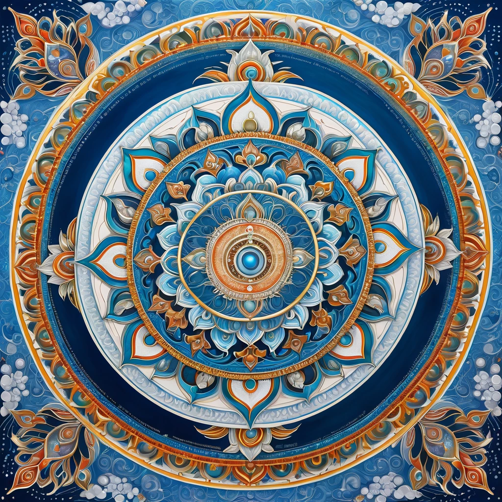 Highly detailed images,Masterpieces,Highest Quality,mandara art,Seed, Mandala,  Buddhist painting, Thangka, white & skyblue,detailed drawing or picture,Geometry,detail,mother-of-pearl,spiritual,high level of abstraction,Renaissance,gothic,pineal gland,852Hz,936Hz,741Hz,,