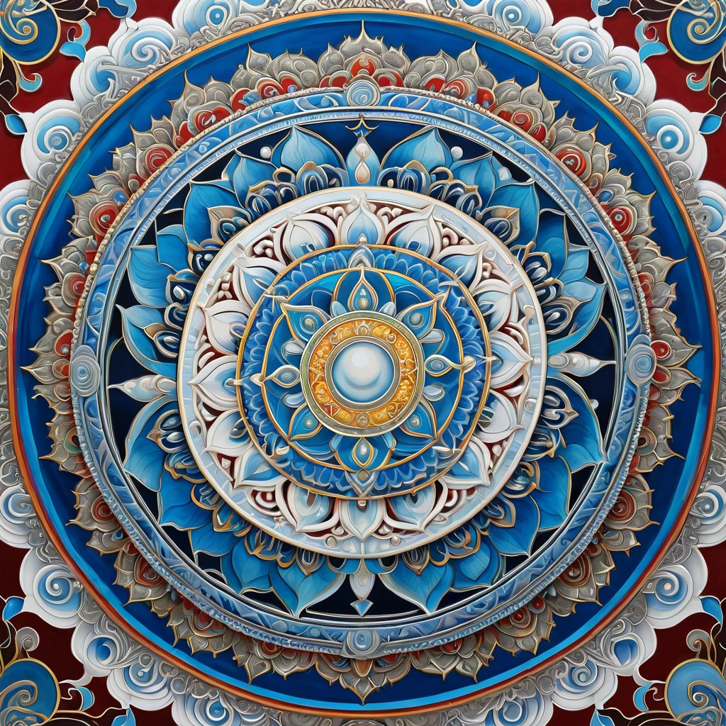 Highly detailed images,Masterpieces,Highest Quality,mandara art,Seed, Mandala,  Buddhist painting, Thangka, white & skyblue,detailed drawing or picture,Geometry,detail,mother-of-pearl,spiritual,high level of abstraction,Renaissance,gothic,pineal gland,852Hz,936Hz,741Hz,,