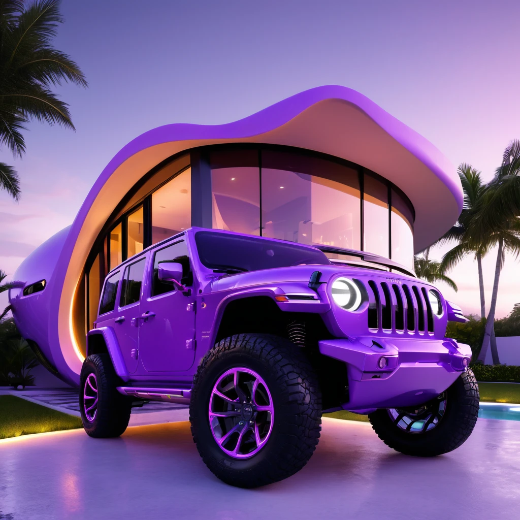 a futuristic house with a floresent purple jeep wrangler parked in front of it, cgsocietywlop, beautiful curves, intricate devilish designs, qualia, interesting shapes & form, wow factor, elaborate polished, architectural rendering, miami, orange soft lighting in interior of house, futuristic battlefield, inspired by James E. Brewton, precise architectural rendering