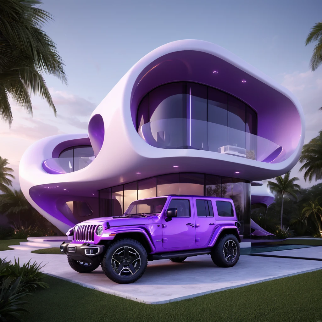 a futuristic house with a floresent purple jeep wrangler parked in front of it, cgsocietywlop, beautiful curves, intricate devilish designs, qualia, interesting shapes & form, wow factor, elaborate polished, architectural rendering, miami, orange soft lighting in interior of house, futuristic battlefield, inspired by James E. Brewton, precise architectural rendering