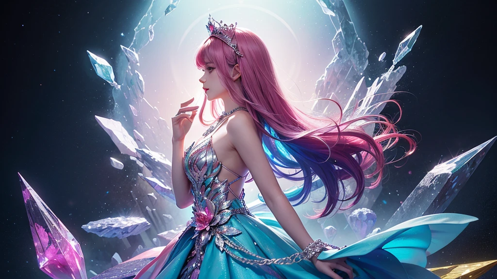 Highest quality,masterpiece,16K,One girl, bangs, Exposing shoulders, chest, Crown, crystallization, dress, From the side, gem,Colorful crystallizations,Crystal Headwear,There are many crystallizations on the clothes,Colorful Gradient Hair,カラフルなdress,Colorful crystals floating,Body crystals,Crystal Necklace,Colorful crystallization decoration,crystalline girl, Gradient Hair, jewelry, Long Hair, compensate, medium chest, Multicolored Hair, Pink Hair, alone, tiara