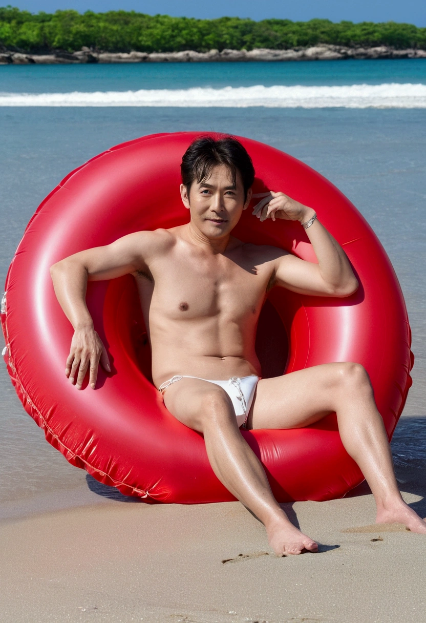 A fifty-year-old man sitting on a red inflatable tube on the beach, It&#39;s hot with the shining sun, In the nude, A sophisticated gravure idol, Very seductive pose, White silver bikini, Young and cute gravure idol, Gorgeous figure, Attractive appearance, Sexy Girls, sakimichan, White Bikini, sling bikini, model bikini, Young Sensual Gravure Idol, 30-year-old woman