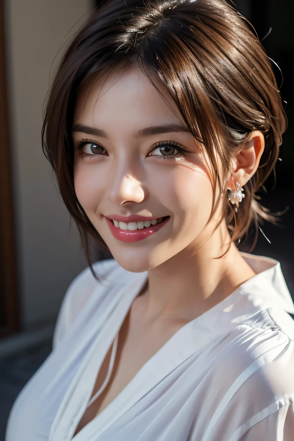 ((masterpiece)), ((Highest quality)), ((Complex)), ((Surreal)), (Realistic), (Mature Woman), ((No classes)), Very detailed, (1 female), Beautiful and exquisite, (Beautiful Teeth), Grin, Brunette Bob Hair, Brown eyes, ((blouse)), (Upper Body), (background:none), Perfect Eyes, Captivating eyes, Looking at the audience