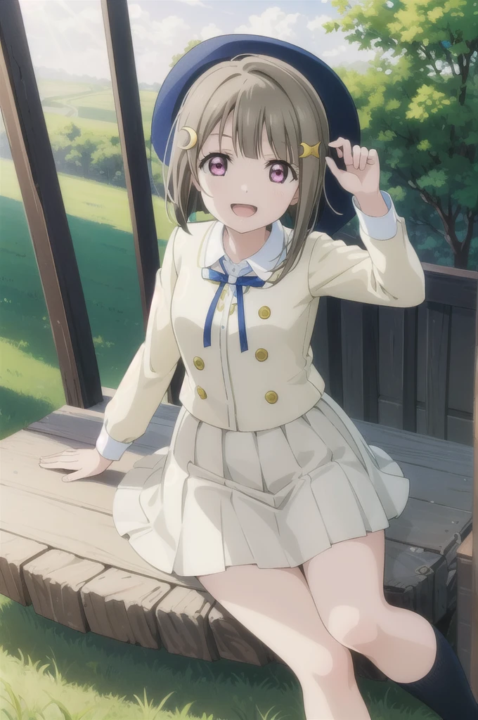 (best quality, masterpiece:1.2), 1girl, solo, (cowboy shot:1.2), looking at another, smile, sunlight, lens flare, open mouth, light on face, glow eyes, sitting,
nakasu kasumi, nijigasaki academy , summer uniform, crescent hair ornament,