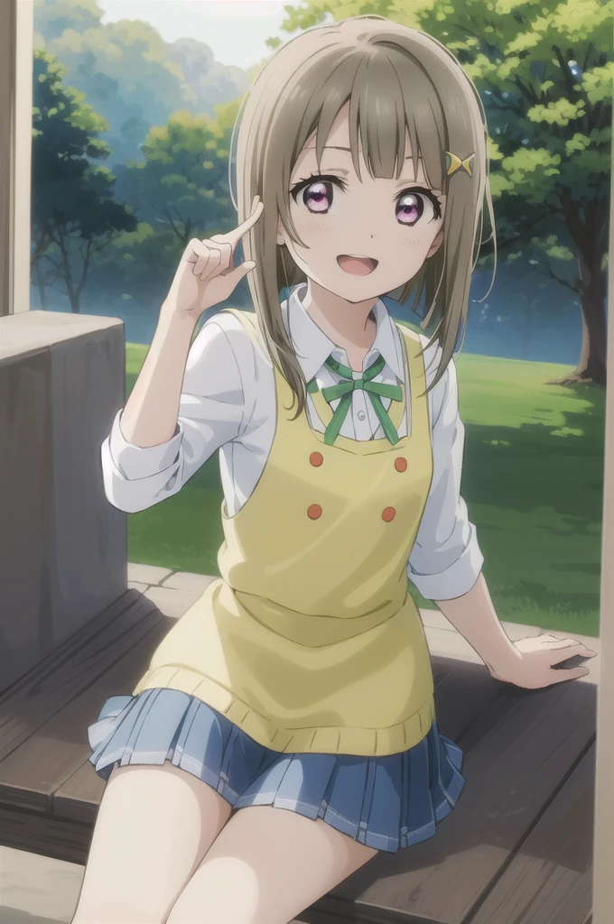 (best quality, masterpiece:1.2), 1girl, solo, (cowboy shot:1.2), looking at ther, smile, sunlight, lens flare, open mouth, light on face, glow eyes, sitting,
nakasu kasumi, nijigasaki academy , summer uniform, crescent hair ornament,