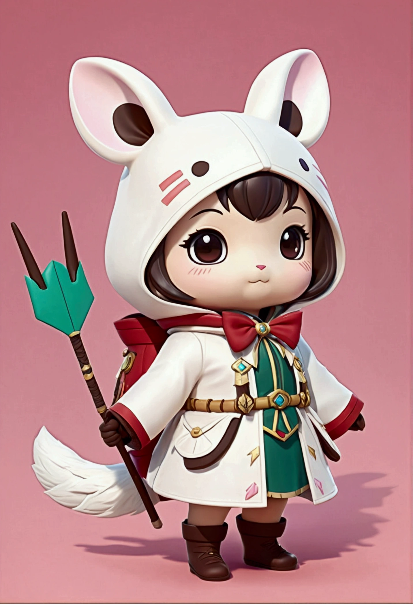 Top image quality、"Create a masterpiece of cute creatures. 白いフェレット、(Momonga with a good coat), high detailing, in 8K、Top image quality、Dressed as an adventurer、Yumi and Arrow in the hand、Video Game Hero Costume、(((kawaii)))、