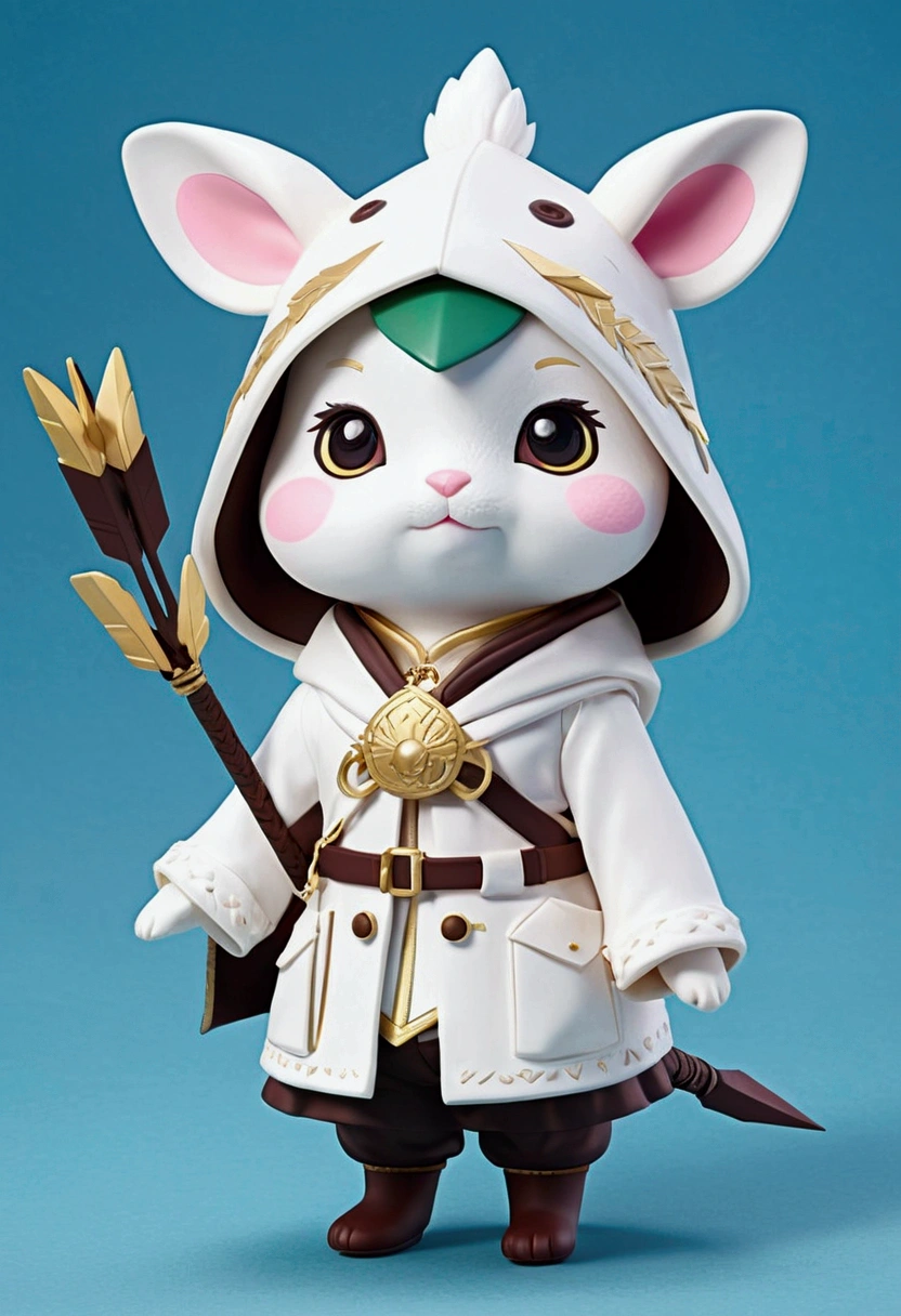 Top image quality、"Create a masterpiece of cute creatures. 白いフェレット、（Momonga with a good coat）, high detailing, in 8K、Top image quality、Dressed as an adventurer、Yumi and Arrow in the hand、Video Game Hero Costume、(((kawaii)))、