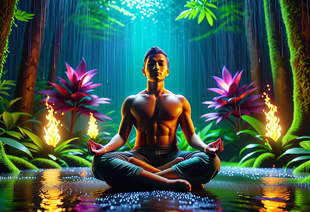 a man meditating peacefully, achived enlightment, vibrant colors, flames, neon lights volumetric lighting, dramatic cinematic lighting, dramatic lighting, dramatic shadows, realistic rain, dense forest, lush vegetation, detailed foliage, photorealistic, 8k, best quality, masterpiece