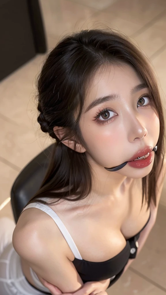 (highest quality, Realism, 8k, 32k, masterpiece, masterpiece:1.2, best quality:1.2, ultra-detailed:1.2, Ultra-high resolution:1.2, Hyper-detailed, Photorealistic photography, Very delicate and elaborate skin, gagged,ball gag,High resolution 16k on human skin、Enough detail to discern pores, Adjust brightness for natural skin, Reproduce very delicate and realistic lips, Very delicate and realistic human eyes, Hires.fix)Flight Attendant, Inside a night plane seat, ((Super Face Close Up, looking at viewer, shoot from Above:1.5 ,Looking up:1.5)) Put both ears in front of your hair:1.3, Short-haired young lady takes a selfie - close-up of her face, (Angle to chest, Viewpoint angle, Front facing face) Pull up your clothes to show your body, A valley of breasts that seem to be spilling out, ((Flight attendant uniform and miniskirt、Popular Korean Makeup)) cute、sex appeal、Cunning、Ahegao、Cross-eyed、Female face、Paranoid symptoms、(Shortcuts, Tie your hair back in a bun, Colorful hairpins, Hair Rubber Bands,) eye contact、Erotic look、Lip gloss、22 years old 、Highly detailed eyes、Highly detailed mouth、Fascinating breasts、Nose blushes、cheeks blush、(Slightly droopy eyes、Beauty Bureau)、Highly detailed whitening skin、Beautiful eyeliner、double eyelid、Lustrous lips、Beautiful Sexy Face