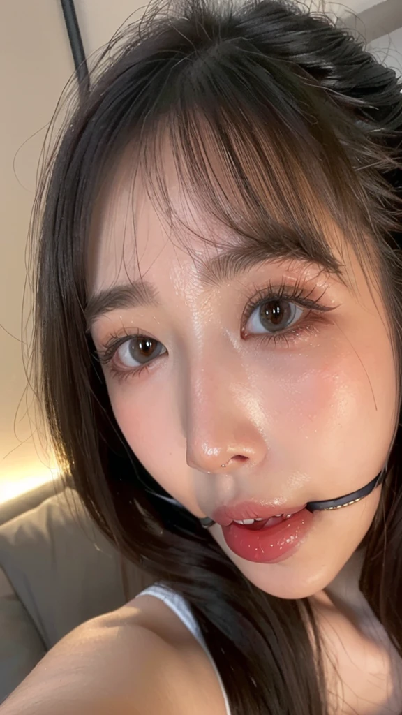 (highest quality, Realism, 8k, 32k, masterpiece, masterpiece:1.2, best quality:1.2, ultra-detailed:1.2, Ultra-high resolution:1.2, Hyper-detailed, Photorealistic photography, Very delicate and elaborate skin, gagged,ball gag,High resolution 16k on human skin、Enough detail to discern pores, Adjust brightness for natural skin, Reproduce very delicate and realistic lips, Very delicate and realistic human eyes, Hires.fix)Flight Attendant, Inside a night plane seat, ((Super Face Close Up, looking at viewer, shoot from Above:1.5 ,Looking up:1.5)) Put both ears in front of your hair:1.3, Short-haired young lady takes a selfie - close-up of her face, (Angle to chest, Viewpoint angle, Front facing face) Pull up your clothes to show your body, A valley of breasts that seem to be spilling out, ((Flight attendant uniform and miniskirt、Popular Korean Makeup)) cute、sex appeal、Cunning、Ahegao、Cross-eyed、Female face、Paranoid symptoms、(Shortcuts, Tie your hair back in a bun, Colorful hairpins, Hair Rubber Bands,) eye contact、Erotic look、Lip gloss、22 years old 、Highly detailed eyes、Highly detailed mouth、Fascinating breasts、Nose blushes、cheeks blush、(Slightly droopy eyes、Beauty Bureau)、Highly detailed whitening skin、Beautiful eyeliner、double eyelid、Lustrous lips、Beautiful Sexy Face