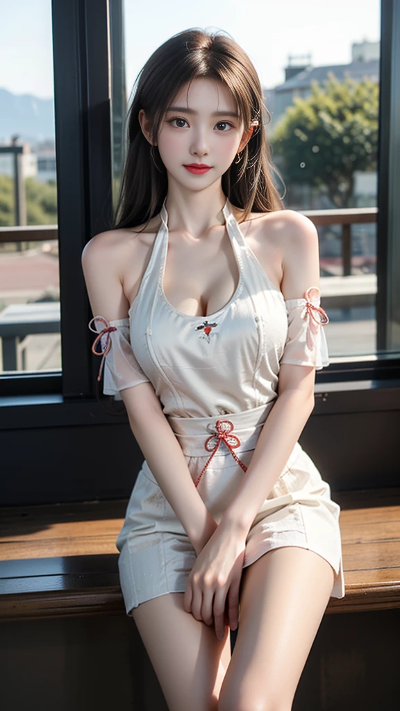 see-through,bare shoulders ((knee shot)), ((Shoot at random angles)), ((Visible cleavage)), ((E-cup)), ((I-type Valley)), ((Warm colors)), Long-range shooting, A beautiful woman，Elegant posture，Standing，Slender figure。Her legs are slender and straight，Cross placement，Forming a perfect diagonal composition。Head gently sideways，Long blond hair falls naturally，Gently brushing her shoulders。Soft colors，In stark contrast to her fair skin。The edge of the skirt ripples gently，As if swaying in the breeze。Her eyes were gentle，There is a faint smile on the lips。The whole picture looks very harmonious and beautiful