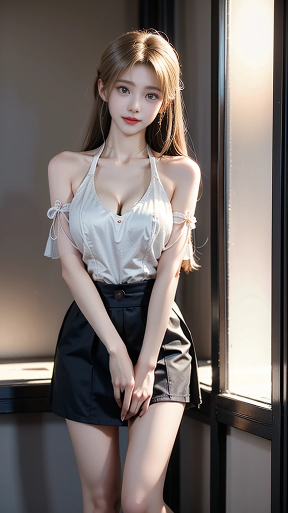 see-through,bare shoulders ((knee shot)), ((Shoot at random angles)), ((Visible cleavage)), ((E-cup)), ((I-type Valley)), ((Warm colors)), Long-range shooting, A beautiful woman，Elegant posture，Standing，Slender figure。Her legs are slender and straight，Cross placement，Forming a perfect diagonal composition。Head gently sideways，Long blond hair falls naturally，Gently brushing her shoulders。Soft colors，In stark contrast to her fair skin。The edge of the skirt ripples gently，As if swaying in the breeze。Her eyes were gentle，There is a faint smile on the lips。The whole picture looks very harmonious and beautiful