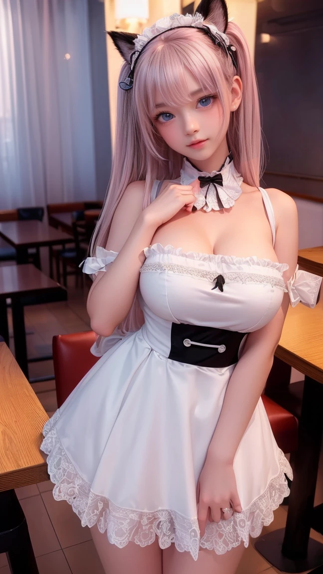 1girl,solo,happy face, teeth, white and black maid outfit, Colossal tits, pink cat ears, light pink hair, mega twin-tails, green eyes,(((standing in a restaurant))), Portrait, colossal tits, Huge bust, Raw photo, (8K、highest quality、masterpiece:1.2)、(Intricate details:1.4)、(Photorealistic:1.4)、Octane Rendering, Intricate 3D rendering super detailed, studio soft light, Rim Light, Vivid details, Super Detail, Realistic skin texture, Cheek gloss, details face, Very beautiful bright pale blue eyes, Very big eyes, Highly detailed CG Unity 16k wallpaper, perfect beauty, round face, Makeup, (Detailed background:1.2), Shiny skin, Full Body, From head to thighs, Cleavage,