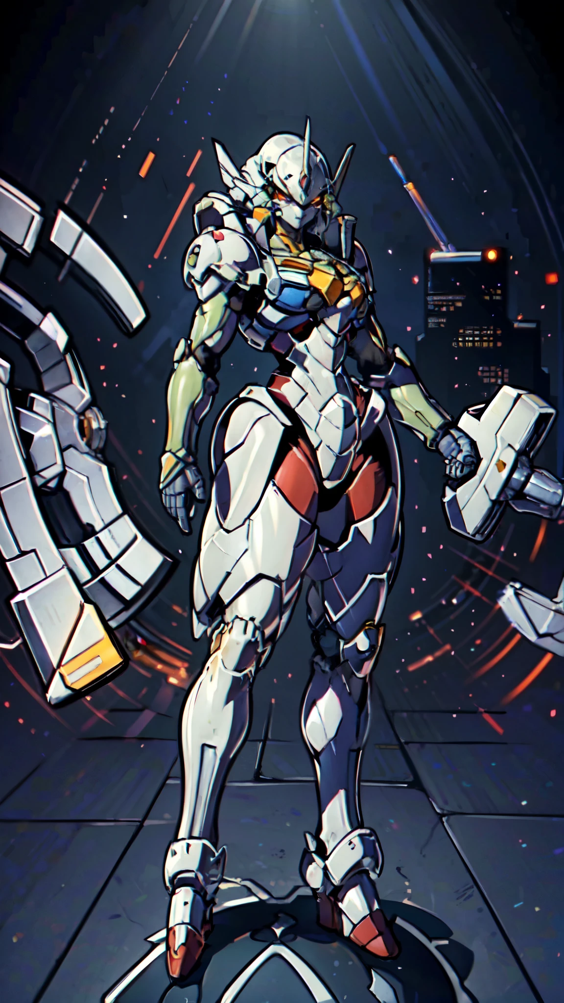 (masterpiece:1.5, best quality:1.5, extremely delicate:1.5), humanoid Mecha, fully enclosed shoulder guards, matching arm and leg guards, full body, full armor, the design balances heavy with agility, (the color scheme is primarily white with red and blue accents, the concept Inspired by Super robot, organic biotech armor, standing, floating high above the futuristic sci-fi city), exquisite and mature art style, (aura effect, energy, glowing eyes, the armor glows), metallic, dramatic, high definition, highres, ultra-detailed, ultra-fine painting, professional, perfect body proportions, anatomically correct, symmetrical face, extremely detailed eyes and face, high quality eyes, creativity, RAW photo, UHD, 32k, Natural light, cinematic lighting, masterpiece-anatomy-perfect