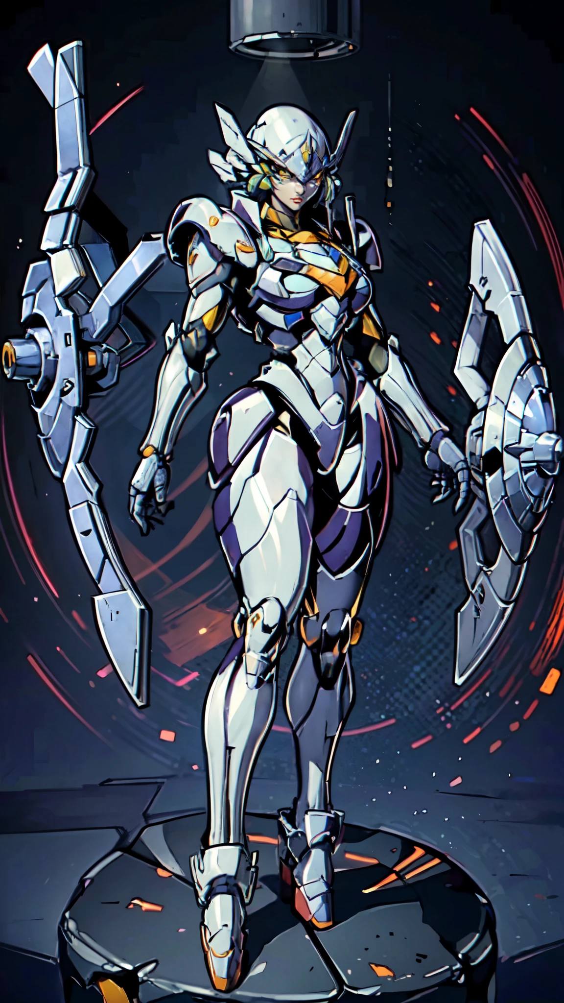 (masterpiece:1.5, best quality:1.5, extremely delicate:1.5), humanoid Mecha, fully enclosed shoulder guards, matching arm and leg guards, full body, full armor, the design balances heavy with agility, (the color scheme is primarily white with red and blue accents, the concept Inspired by Super robot, organic biotech armor, standing, floating high above the futuristic sci-fi city), exquisite and mature art style, (aura effect, energy, glowing eyes, the armor glows), metallic, dramatic, high definition, highres, ultra-detailed, ultra-fine painting, professional, perfect body proportions, anatomically correct, symmetrical face, extremely detailed eyes and face, high quality eyes, creativity, RAW photo, UHD, 32k, Natural light, cinematic lighting, masterpiece-anatomy-perfect