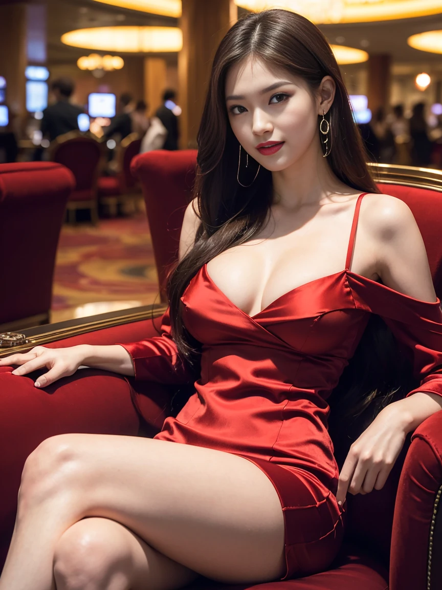 (Masterpiece:1.3), (8ก, Virtual image, RAW shooting, Highest picture quality: 1.4), 1 very beautiful girl, Smile with beautiful white teeth, traditional chinese hair, Hair clips, The crown is in front of the head., Breast cleavage:1.2、Highly detailed face、eye for details、Double eyelids、Gather your breasts together....、Sharp focus:1.2、beautiful woman:1.4、light brown hair、Highest quality、Masterpiece、Ultra high resolution、(Virtual image:1.4)、Highly detailed and professional light smile, (short dress), ((smooth, plain red silk.)), ((Open shoulder dress)), ห้องโถงใหญ่In casinosหรู, ((Sitting on a Louis style velvet sofa..)), Serious position, (random background,In casinos,VIP casino room, Modern Casino Console, Modern Slot Machines )