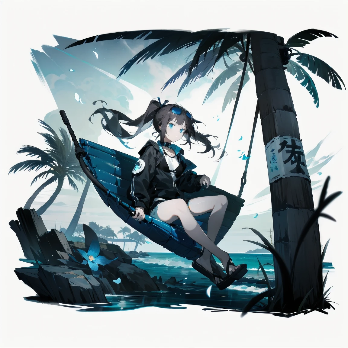 [(White background:1.15), ::2]alone, medium shot, whole body，small stature，Brown flowing ponytail，black collar， Black and blue theme swimsuit，bikini，blue eyes，cold，starlight，Ocean滩，coconut tree，blue glowing flower，blue floating water，Ocean，sitting on the swing，very blooming，Black open flowing windbreaker，wet，Sunglasses on the head，（（Black day）），depressing atmosphere，sad，low saturation