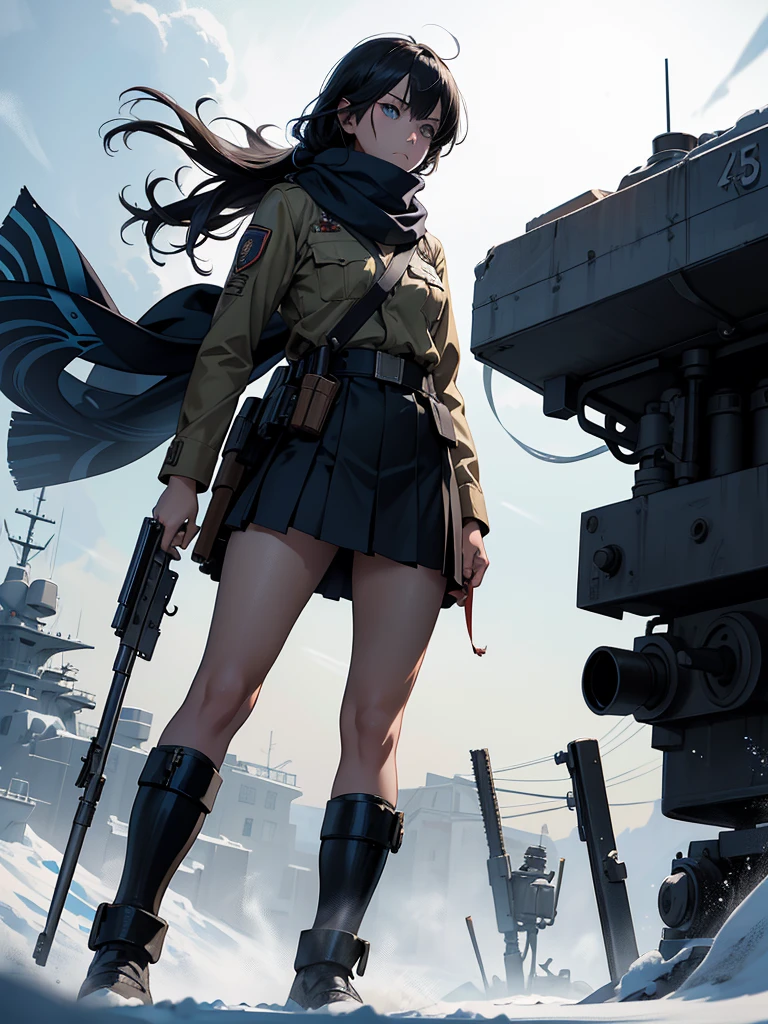 (Japanese anime style), (Battlefield scene), (Lone woman), (Navy soldier uniform), (Scarf tied around neck), (Skirt revealing thighs), (Machine gun in hand), (Standing position), (Whole body view from below), (Detailed drawing), (Anime realism), (Dynamic pose), (Machine gun propped against the ground), (Metallic sheen on the weapon), (Snow-covered battlefield background), (Wind blowing her scarf), (Detailed facial features), (Expressive eyes), (Battle-hardened look), (High contrast colors), (Anime shading), (Epic composition), (Masterpiece quality), (Anime
