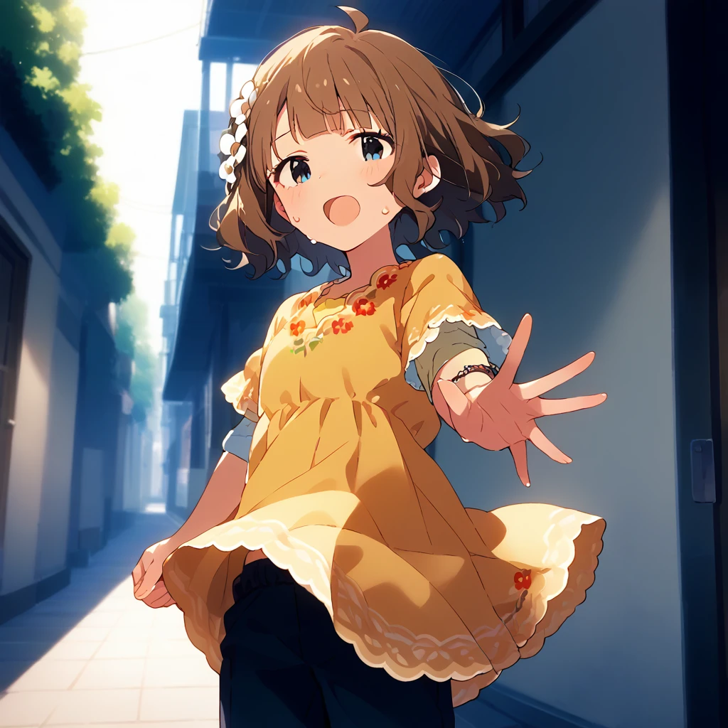 score_9, score_8_up, score_7_up, source_anime, best quality, masterpiece, official art, absurdres, highres, ultra-detailed,waifu2x,Collection: Slice of Life,break,1girl, uou momoko, casual, ahoge, short hair, blue eyes, eyebrows visible through hair, wavy hair, blunt bangs, yellow dress, print dress, floral print, yellow shirt, short over long sleeves, layered sleeves, hair ornament, hair flower, white flower, black pants, pants under dress, capri pants, pants rolled up, sweat, open mouth, (yawn:0.3), sleepily, outdoors, wind,break,(clear line illustration:1.2), super detailed skin,very high resolution, very aesthetic, Best sexual lighting powered by famous artist, 8k,cute picture,beauty illustration,photoshop_(medium),,(Detailed Lighting),best anime 8k konachan wallpaper, pixiv contest winner,