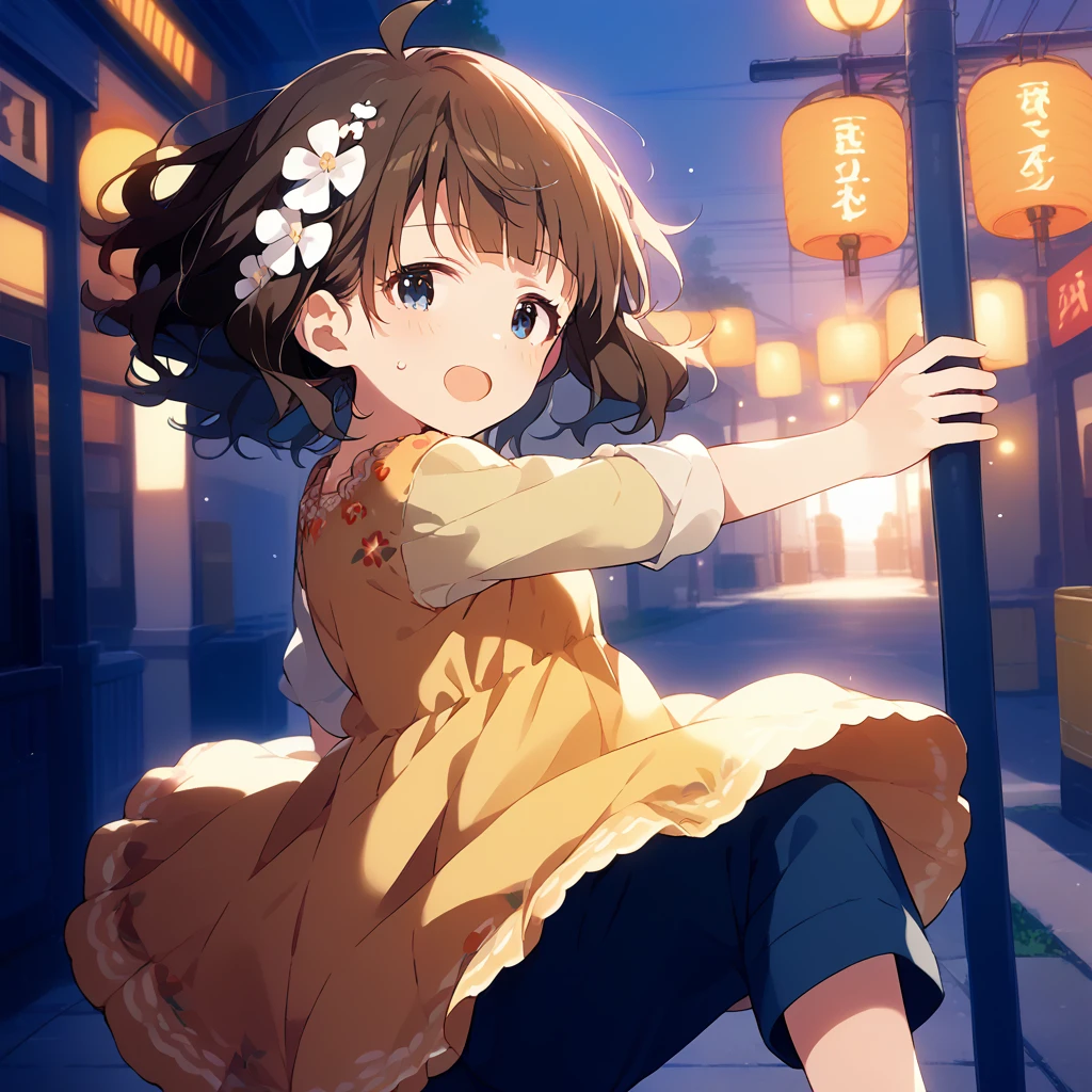 score_9, score_8_up, score_7_up, source_anime, best quality, masterpiece, official art, absurdres, highres, ultra-detailed,waifu2x,Collection: Slice of Life,break,1girl, uou momoko, casual, ahoge, short hair, blue eyes, eyebrows visible through hair, wavy hair, blunt bangs, yellow dress, print dress, floral print, yellow shirt, short over long sleeves, layered sleeves, hair ornament, hair flower, white flower, black pants, pants under dress, capri pants, pants rolled up, sweat, open mouth, (yawn:0.3), sleepily, outdoors, wind,break,(clear line illustration:1.2), super detailed skin,very high resolution, very aesthetic, Best lighting powered by famous artist, 8k,cute picture,beauty illustration,photoshop_(medium),,(Detailed Lighting),best anime 8k konachan wallpaper, pixiv contest winner,