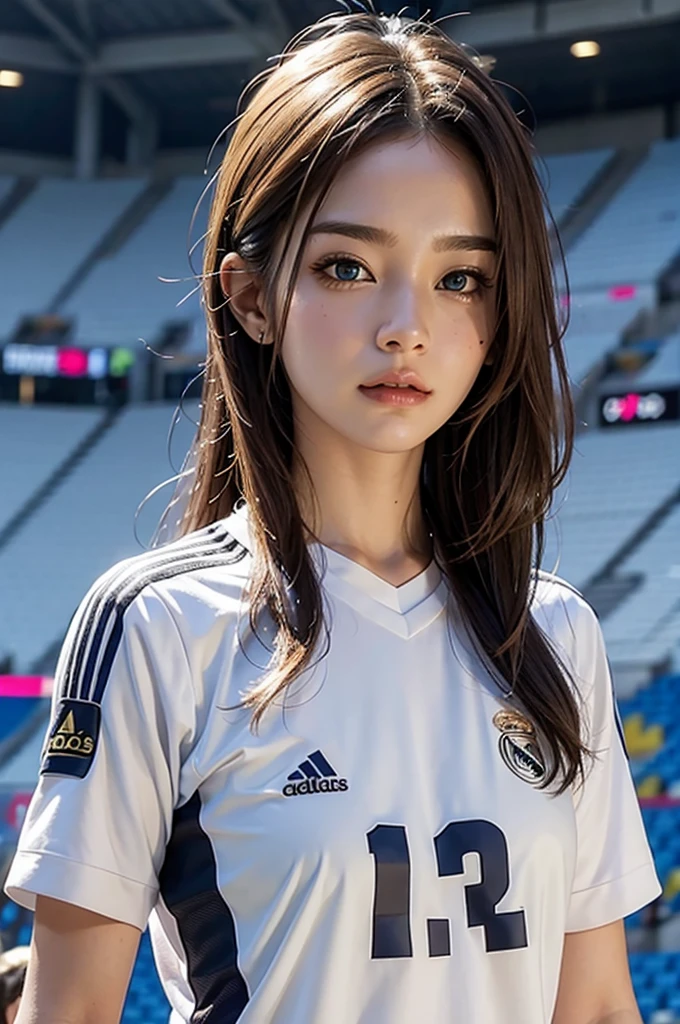 {{{Real Madrid}}}, {{Adidas soccer jersey on white background}}, {{{best quality}}}, {{{realistic}}}, {{{Detailed facial description}}}, realistic 눈동자, blonde long hair, {{beautiful western beauty}}, female, realistic 유니폼 주름, {{{Real Madrid}}}, {{{soccer stadium}}}, Sponsor's name is Fly Emirates, {{{busty}}}, {{{uniform is wet}}}, {{{Nipples are shining}}}