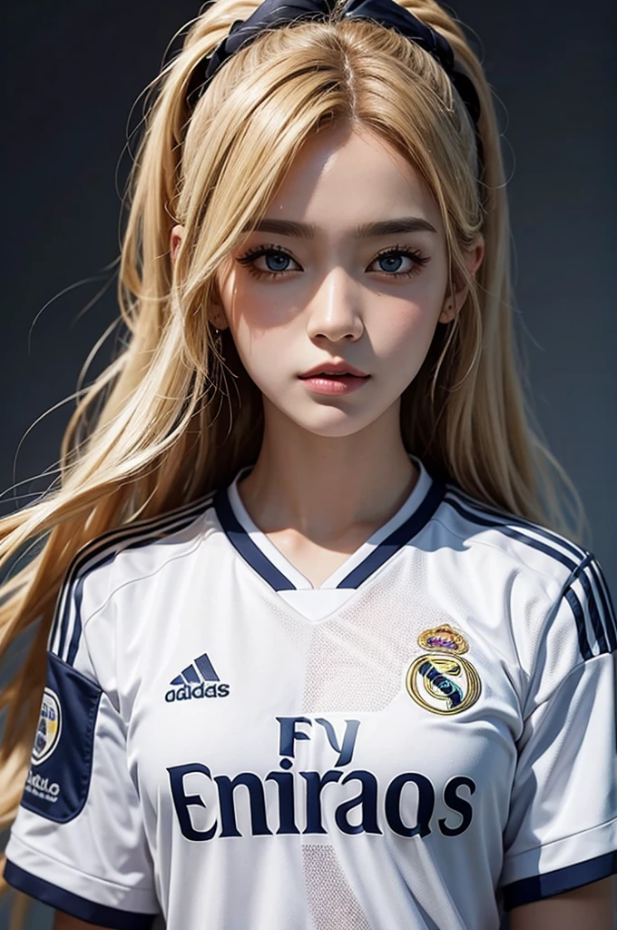 {{{Real Madrid}}}, {{Adidas soccer jersey on white background}}, {{{best quality}}}, {{{realistic}}}, {{{Detailed facial description}}}, realistic 눈동자, blonde long hair, {{beautiful western beauty}}, female, realistic 유니폼 주름, {{{Real Madrid}}}, {{{soccer stadium}}}, Sponsor&#39;s name is Fly Emirates, {{{busty}}}, {{{uniform is wet}}}, {{{Nipples are shining}}}