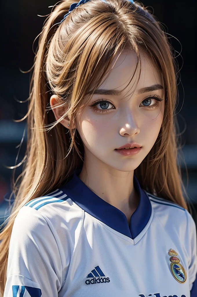 {{{Real Madrid}}}, {{Adidas soccer jersey on white background}}, {{{best quality}}}, {{{realistic}}}, {{{Detailed facial description}}}, realistic 눈동자, blonde long hair, {{beautiful western beauty}}, female, realistic 유니폼 주름, {{{Real Madrid}}}, {{{soccer stadium}}}, Sponsor's name is Fly Emirates, {{{busty}}}, {{{uniform is wet}}}, {{{Nipples are shining}}}