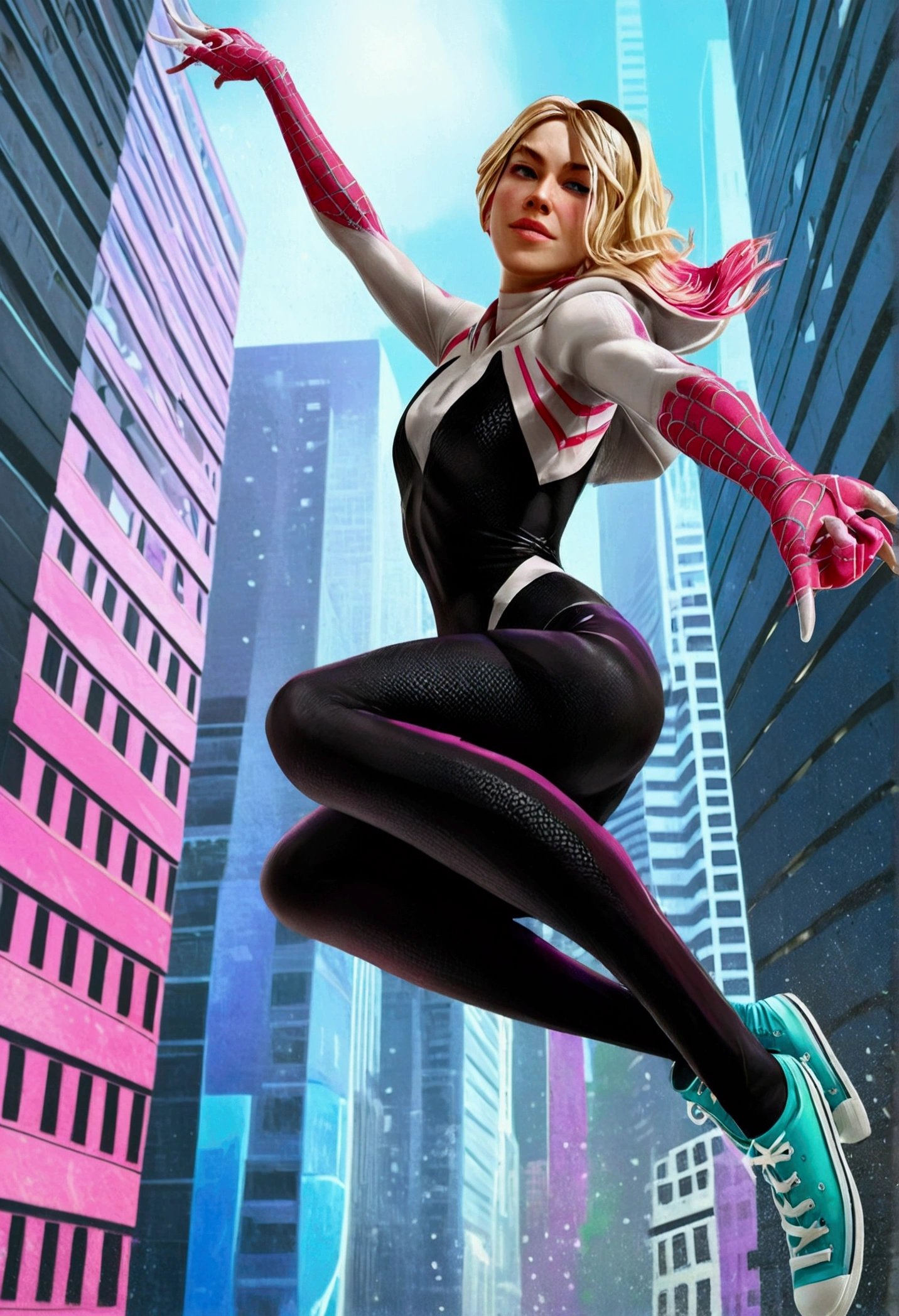 A realistic, spider-gwen, gwen stacy, hyperrealistic Spidergwen with athletic muscle, textured saturated white and black and pink trage, in the style of watercolor paint splats, (best quality,4k,8k,highres,masterpiece:1.2),ultra-detailed,(realistic,photorealistic,photo-realistic:1.37),professional,vivid colors,bokeh