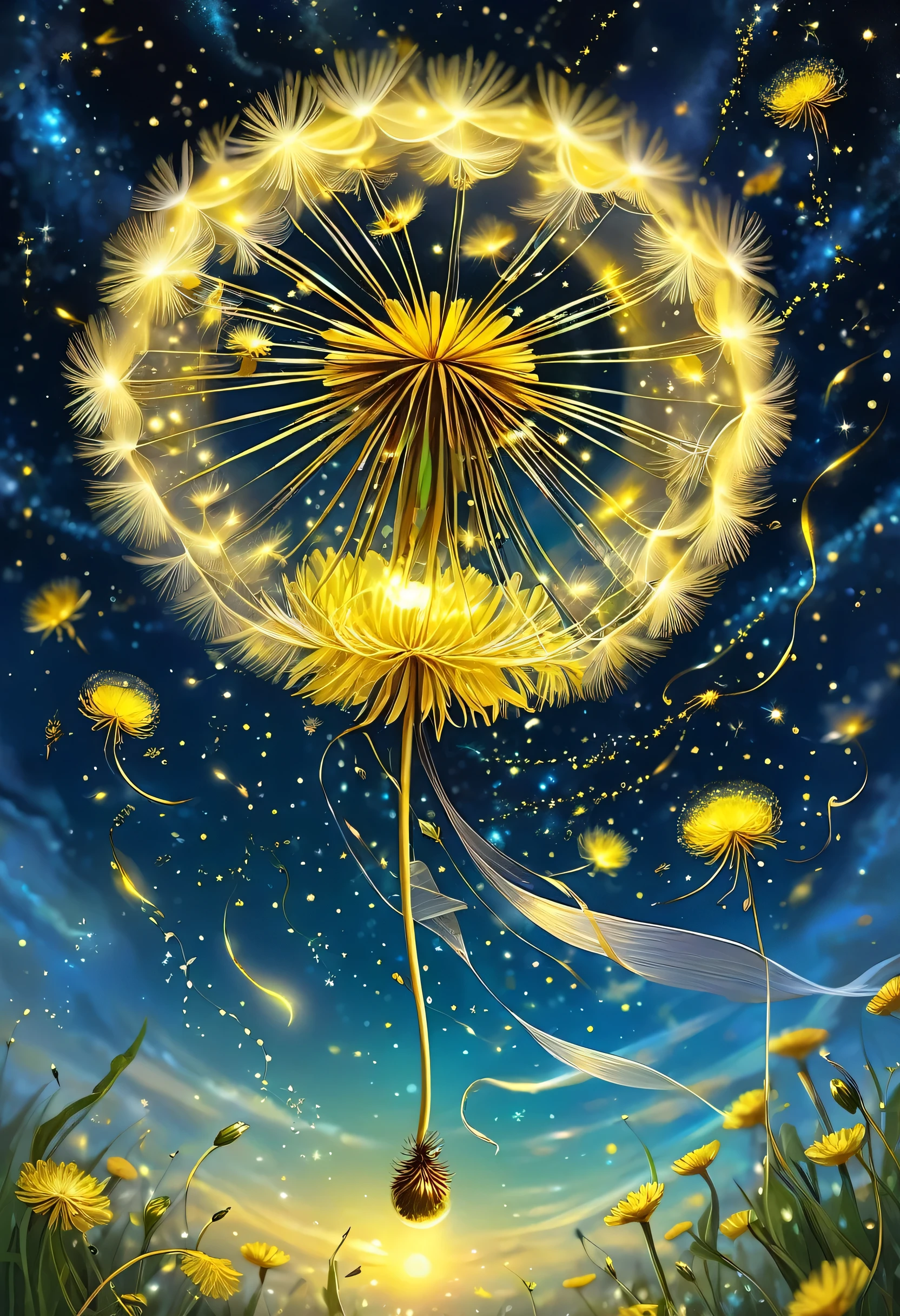 Single, Yellow dandelion, Molten gold floating in the sky, On a canvas of swirling constellations、Shoots ribbons of shimmering whispers. The seeds are about the size of a small moon., A gentle parachute flickering with the light of a thousand fireflies.