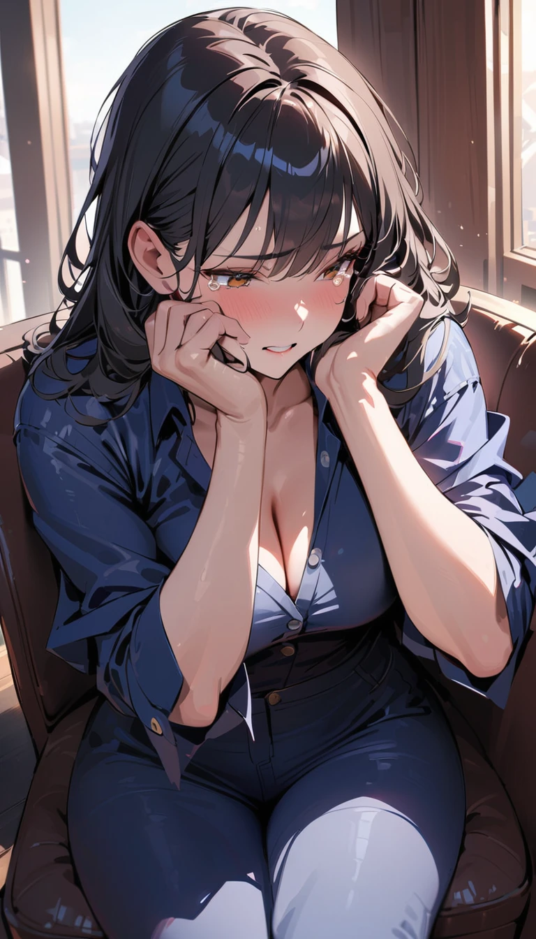 modern, Verism, masterpiece, textured skin, super detail, best quality, 4K,Woman in tears,Mature woman,Sexy Woman,Black Hair,Slender,Wiping away the tears with my hands