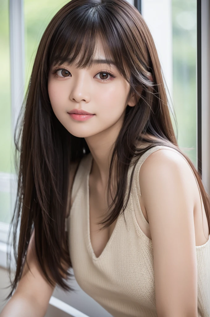 Close-up portrait of a young Asian woman, long dark hair with bangs, soft natural makeup, big brown eyes, slight smile, wearing black top, indoor selfie, natural lighting from window, pale wall background, high resolution, photorealistic, gentle expression, 50mm lens, crisp details