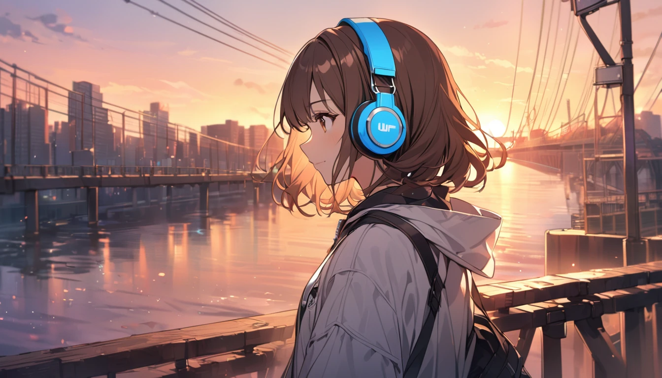 Girl wearing headphones,Brown Hair,1 person,bright,Detailed Background,Bridge at Sunset