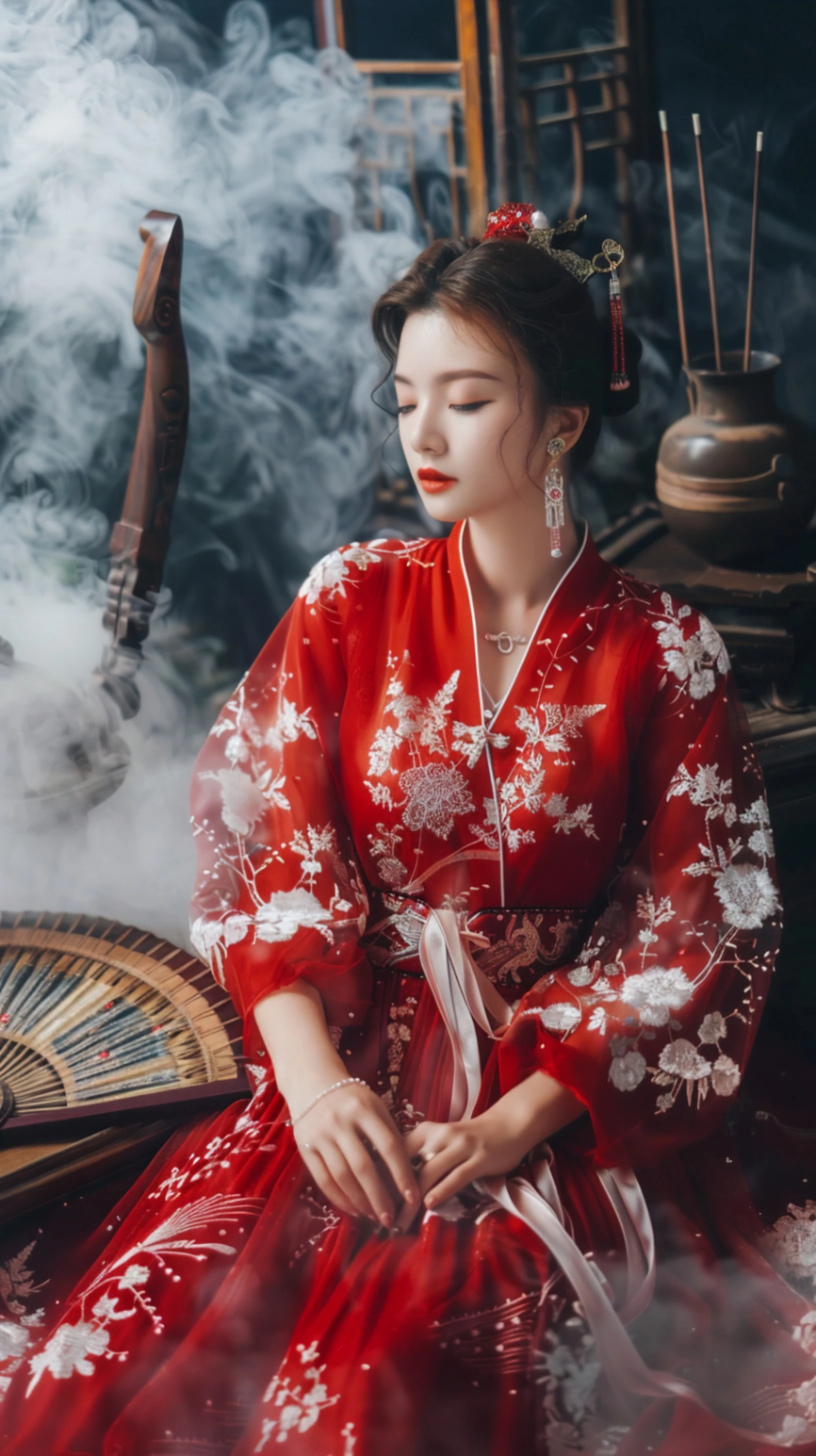 古风美人，红衣飘飘，梅花环绕