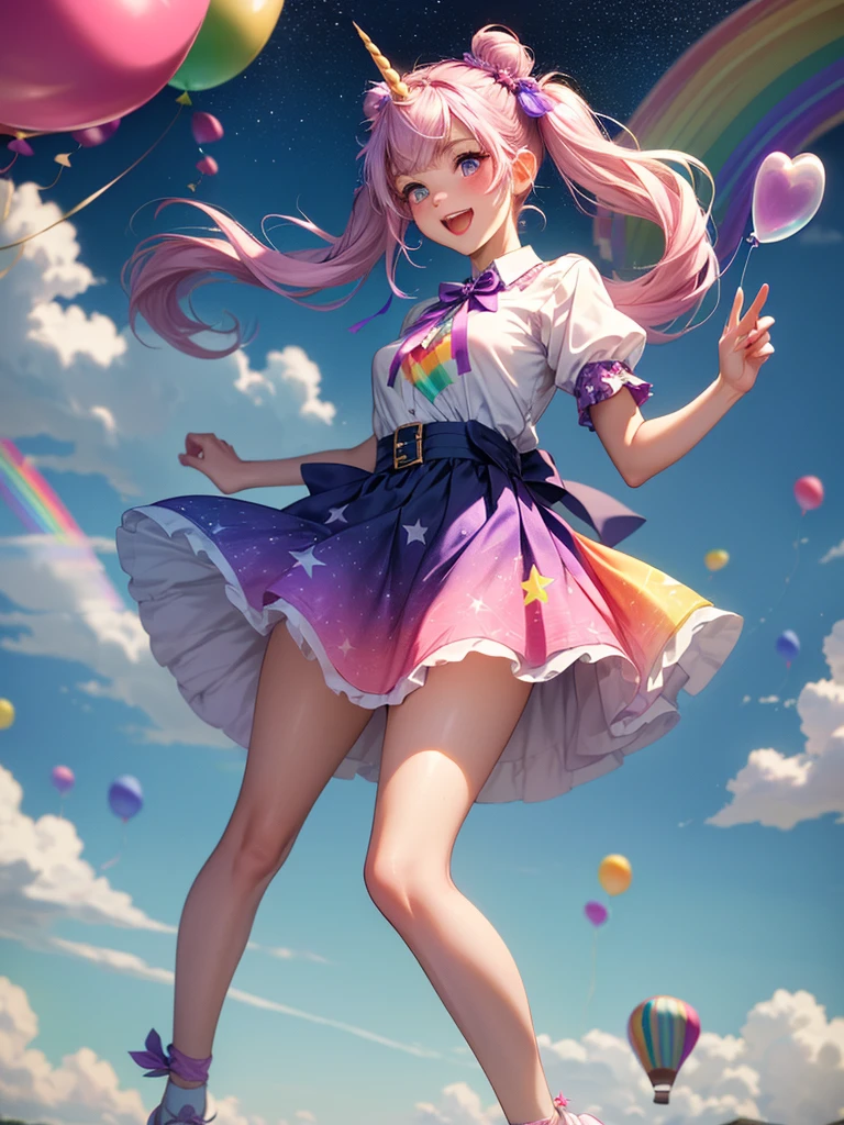 (whole body, legs and shoes visible: 1.2)) Expressive eyes, One girl, Pale skin, Long Hair, Windblown Hair, ((absurdly Long Hair)), Long Side Lock, Princess bangs, Hair bangs, Hair Bun, ((Very long twin tails)), Rainbow Hair, Light pink hair, blush, full face blush, big sparkling Pastel Purple eyes, (Gradient Eye), Laughing with your mouth open, cute pose, ((Holding a balloon : 1.3)) ((cute and pastel fashion)) ((🦄🎠🎈🎉 theme : 1.4)) A loose pastel dress, ((Dreamy multi-colored open dress)), (Floating ribbon), Lavender Frill, Pink frills, (Light blue lace), Removable short sleeves, Fluffy skirt, ((Rainbow and star printed skirt : 1.3)), Lolita Skirt, Purple ribbon, ((pom pom ribbon hair ornament : 1.4)), Multiple Bows, Striped lace stockings, (heart型のレッグガーター), cute (Pastel Purple) shoes ((Ultra-detailed clothing and fashion)) I'm watching you, Vintage Girl, blush, (Beautiful attention to detail), (Highly detailed CG Unity 8k wallpaper) (Best Shadow), ((Very delicate and beautiful)), (Detailed light), ((Depth of written boundary)) Big Head, Big, bright eyes, Moe, Splash Art, Cinema Lighting, Front view, volumetric lighting maximalist photo illustration k resolution high resolution intricate detailed complex key visuals precise linear ((Dreamy pastel sky background, Surrounded by sunset clouds, shooting star, Castle above the clouds)) ((Ultra-detailed landscapes, Foggy clouds, Hung by balloons, heart : 1.3))