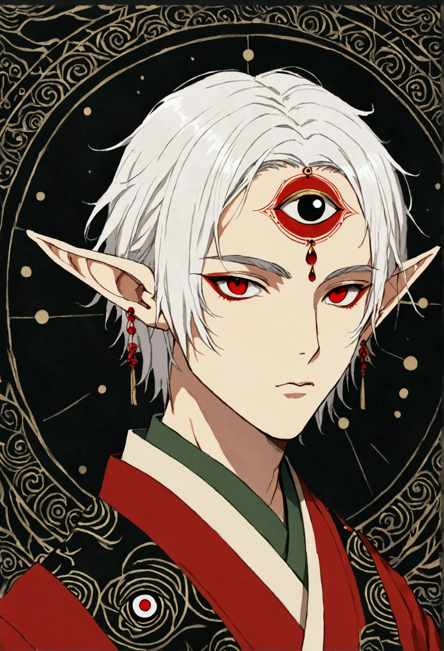 Japanese Anime，Gothic Art，(((1 Boy，solo，third eye on the forehead，Dark eyeshadow.Middle-parted white hair-super short hair，Elf ears))),(((Gorgeous Japanese red kimono：1.6，Eye Diagram，dark pattern))).(((Thin waist，Greenbelt：1.37)))