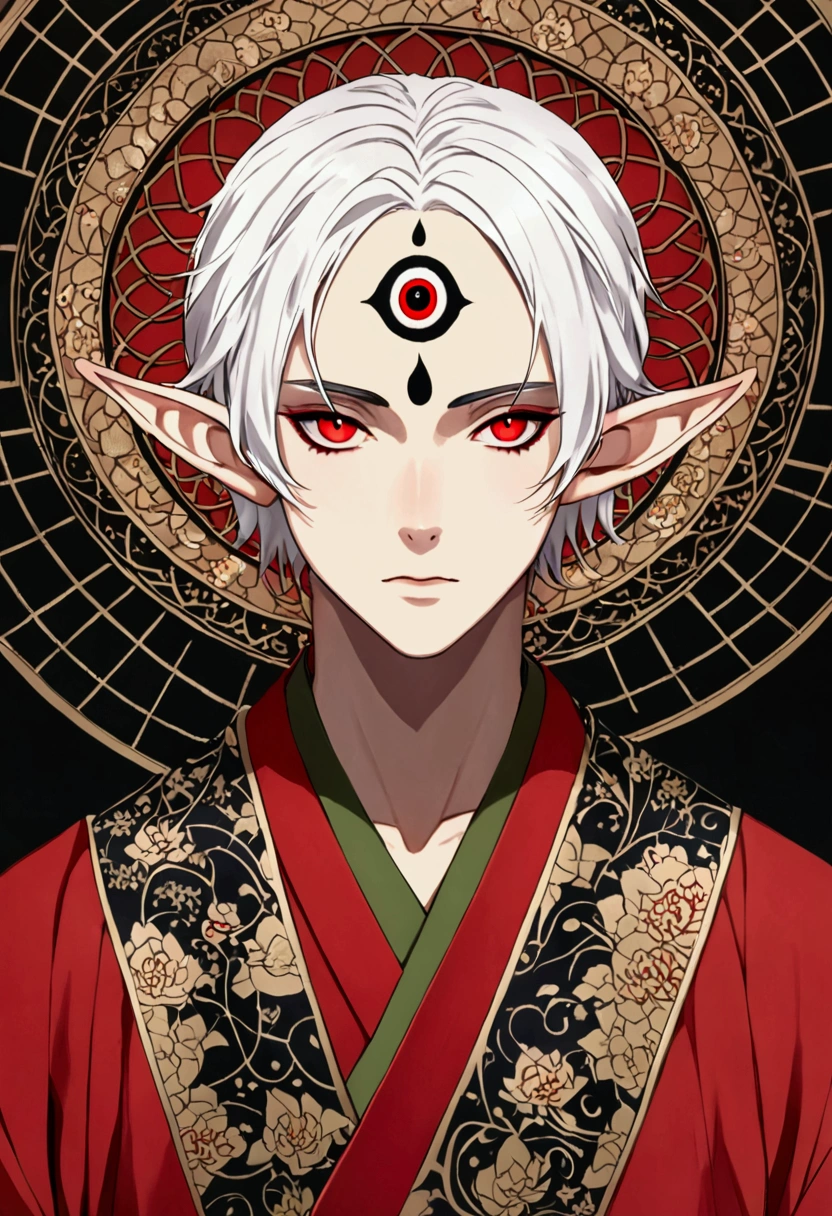 Japanese Anime,Gothic Art,(((1 Boy,solo,third eye on the forehead,Dark eyeshadow.Middle-parted white hair-super short hair,Elf ears))),(((Gorgeous Japanese red kimono:1.6,Eye Diagram,dark pattern))).(((Thin waist,Greenbelt:1.37)))