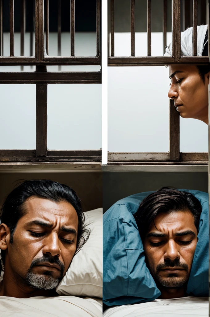 make a photo divide it in two equal halves the first part would show a man sleeping in luxury room and second a poor person crying in jail