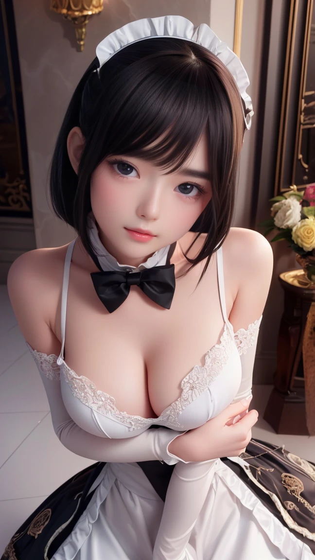 (Ultra-detailed, 8K, Raw photo, Best Quality), high-definition RAW color photography, professional photograpy, (Realistic, photographrealistic:1.37),1 girl, Cinematic Light, (finely detailed face:1.2), (Best Quality:1.2), hyper detailed background, cowboy shot, (Happy smiling face:1.4),Upper teeth, (Looking at Viewer:1.2), (slender:1.2), (Narrow waist:1.2), Colossal breast(Saggy breasts:1.35), (cleavage:1.2),Elegant, Gorgeous, Gothic ta,(Short bob hairstyle:1.2),full body, bowtie, (Detailed Maid:1.2),crepe_fabric_Detailed_Clothes, puffies_long_Detailed_sleeves, luxurious mansion in the background, Inside, indirect lighting, Floor light, Many beautiful flowers are arranged in a luxurious vase, Create a luxurious atmosphere., Marble floor, decorative wall, BREAK ,William Morris, Arts and Crafts Movement, complex pattern, Nature-inspired design, Wallpaper Art, Textile Creation, British heritage, Raw photo, (8K、highest quality、masterpiece:1.2)、(Intricate details:1.4)、(Photorealistic:1.4)、Octane Rendering, Intricate 3D rendering super detailed, studio soft light, Rim Light, Vivid details, Super Detail, Realistic skin texture, Cheek gloss, details face, Very beautiful bright pale blue eyes, Very big eyes, Highly detailed CG Unity 16k wallpaper, perfect beauty, round face, Makeup, (Detailed background:1.2), Shiny skin, Full Body, From head to thighs, Cleavage,