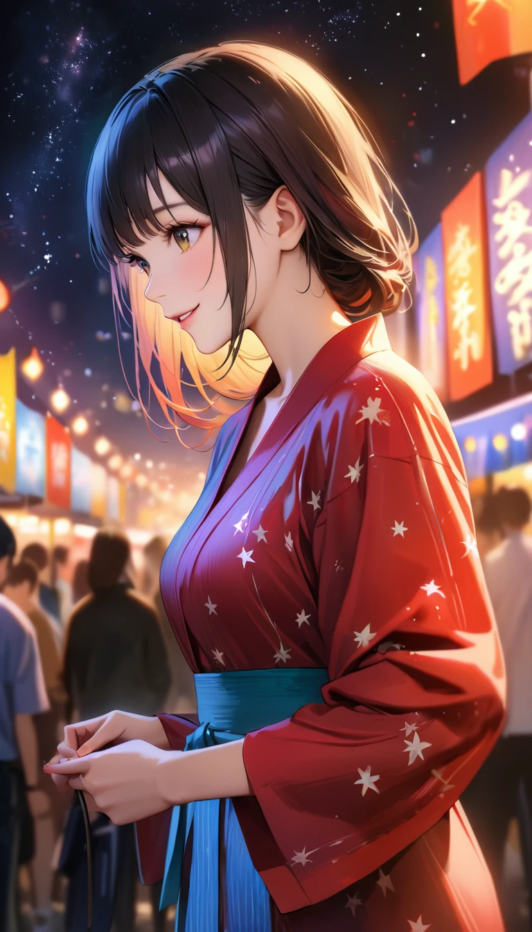 Young woman enjoying the summer festival,night, Starry Sky,Cute Yukata,Gazing at the sky,Blur the background,high school girl,smile,Highest quality, 8k, High resolution, masterpiece:1.2, Very detailed, Realistic:1.37, High resolution, 超High resolution, Ultra-fine painting, Very detailed, Professional, Vibrant colors