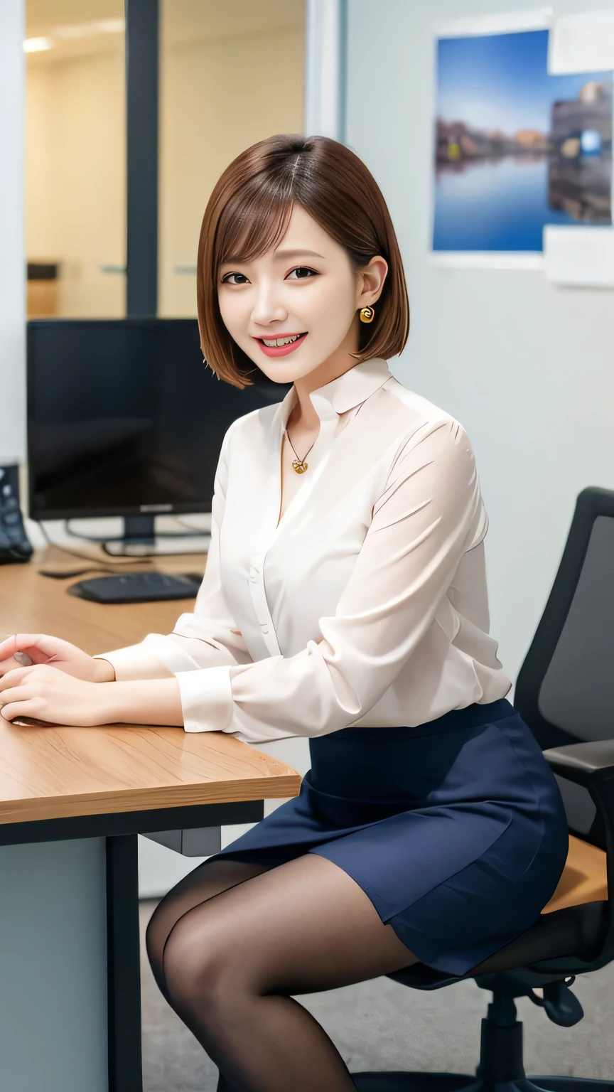 Highest quality:1.2), RAW Photos, High resolution, Very detailed, Intricate details, Woman sitting in office chair、足を組んで座る、靴がぶら下がっている、Full body photo、Short Haircut、、ear piercing、smile、Beautiful teeth alignment、Light brown hair、Clear beauty,(High quality fabric, Office Lady Suits 、Tights with knee-length skirt、pumps)、Necklace around the neck、, The background is the office