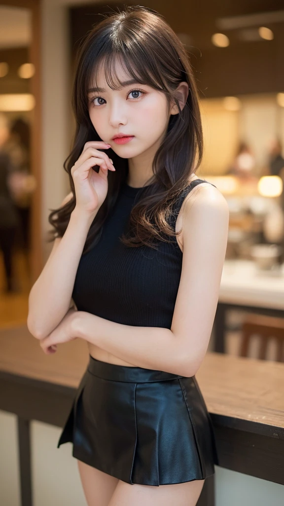 (masterpiece:1.5)、(Realistic:1.5)、(Highest quality:1.4、8k、RAW Photos）、
Ultra-high resolution、Professional Lighting、Perfect dynamic composition、indoor、
Film Grain、chromatic aberration、(Bokeh:1.1)、
Frank、Sophisticated、Charm、Surreal、Attention to detail、Golden Ratio、
(1 girl)、Slender girl、繊細でCharm女の子、Cute Woman:1.4、
Serious expression、Looking at the audience、
Milk tea colored hair、Shiny Hair、Random Cute Hairstyles、
Realistic looking skin、
Shut your mouth.、Detailed eyes、double eyelid、Thin arms、
(Wearing a black skirt)
