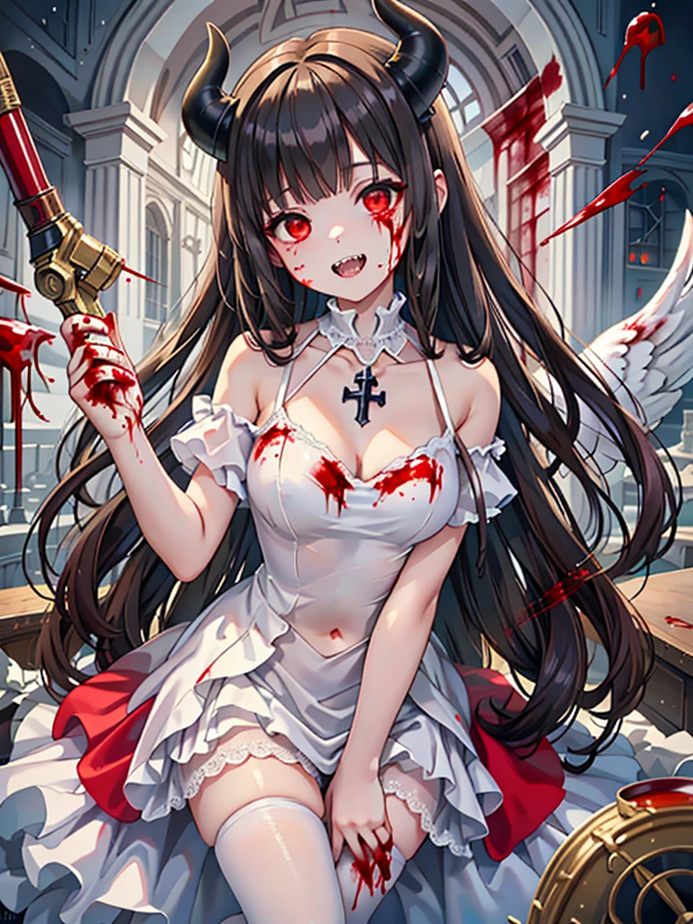 (Highest quality,4K,High resolution,masterpiece:1.2),Very detailed,Realistic:1.37,Spooky altar background,Dark fantasy,Red color scheme,Ominous atmosphere,Eye-catching,Storytelling,anatomy,Anime Style,Concept Art,beautiful細部までこだわった顔と (((Red eyes ))),Terrifying Ritual ,Satanic Ritual,Untimely Death,Unjust act,Crazy Smile,Scythe Face,Girl Monster, beautiful, Delicate facial features, Sharp Eye, Sharp Fangs, Pale skin, Thick chain, Dark Background, Cinema Lighting, Dramatic Shadows, Gothic style, Gloomy atmosphere, Dark fantasy, One Girl, , Please open your mouth wide, Open your mouth and baring your teeth,Sharp teeth like a beast, Wide lips, very wide mouth, Vermilion cheeks, ,(Blood splatter:1.4),Scary smile, laugh at,Fallen angel design, Twisted smile、Bloodstained、bleeding from the head,,、Blood splatter、,(Blood splatter:1.4),Crossbones, skull,Horror Style, ((Fantasy Fallen Angel Costume)), ((Flowing black hair)), ,(Blood splatter:1.4),Female curves, Sexy flat stomach, Perfect hands, Perfect anime face, ((White ta Dress)), Are standing, ((Wicked Smile)), ,(Blood splatter:1.4), Steam circulates, Moonlight Illumination, night lighting, disaster々new devil horns,,(Blood splatter:1.6),アニメFallen angel design, Twisted smile、Bloodstained、bleeding from the head,,、Blood splatter、,(Blood splatter:1.4),Crossbones, skull,Gothic architecture、Western architecture、Fantasy World、,Victorian cities, Skeleton Gaslight,