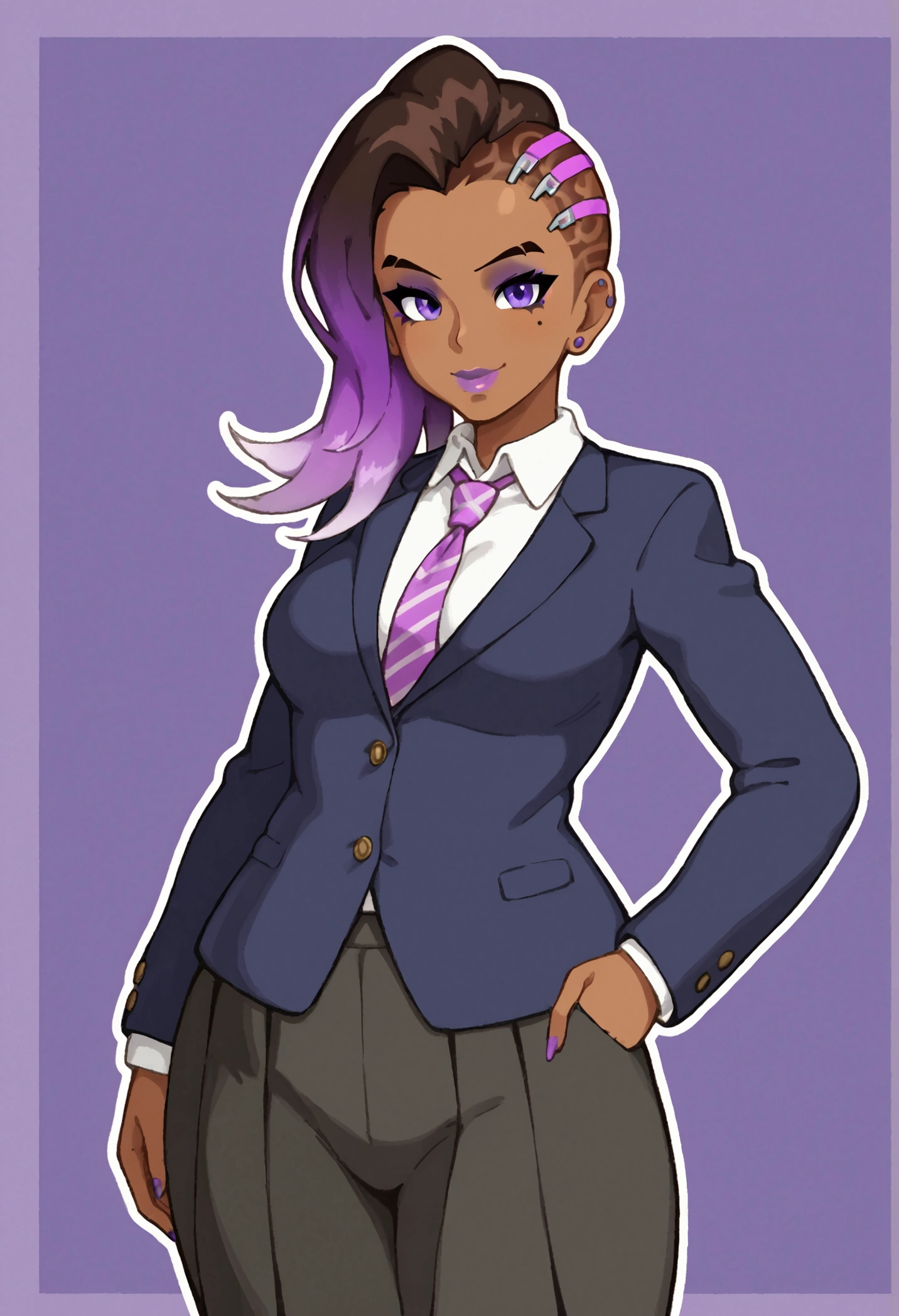 1 girl, Sombra from overwatch, (dark skinned:1.2), school girl, school class background, modern anime style, (extremely detailed:1.1)