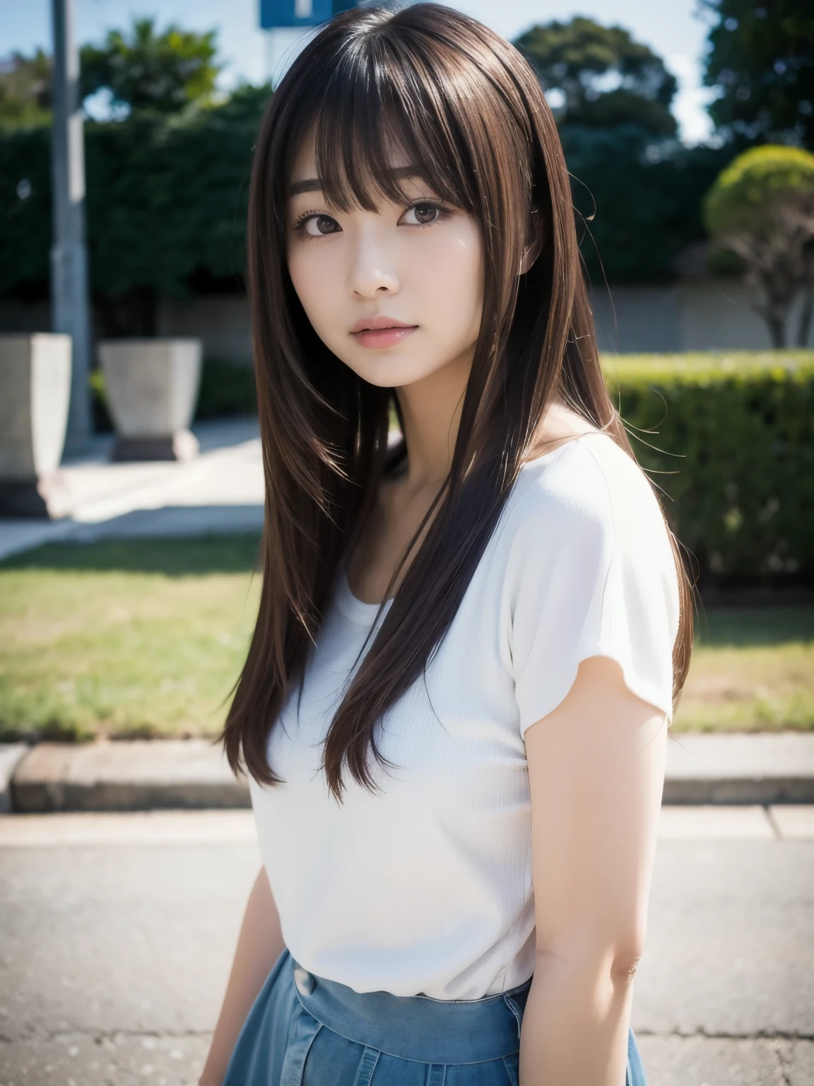 (top-quality、16K resolution) natural soft light、A Japanese Lady、Looking at the camera、Concrete background、Facing the front、is standing、long、Woman in her late teens、Light bangs、Salon model、Natural look、portlate、floated hair、