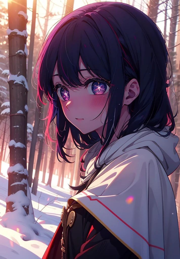 aihoshino, Ai Hoshino, Long Hair, bangs, (Purple eyes:1.1), Purple Hair, (Symbol-shaped pupil:1.5), smile,,smile,blush,white breath,
Open your mouth,snow,Ground bonfire, Outdoor, boots, snowing, From the side, wood, suitcase, Cape, Blurred, , forest, White handbag, nature, Squat, Mouth closed, Cape, winter, Written boundary depth, Black shoes, red Cape break looking at viewer, Upper Body, whole body, break Outdoor, forest, nature, break (masterpiece:1.2), Highest quality, High resolution, unity 8k wallpaper, (shape:0.8), (Beautiful and beautiful eyes:1.6), Highly detailed face, Perfect lighting, Extremely detailed CG, (Perfect hands, Perfect Anatomy),